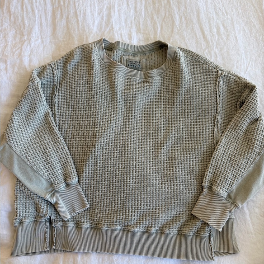 American Eagle Outfitters Waffle-Knit Crewneck Sweater in Light Sage